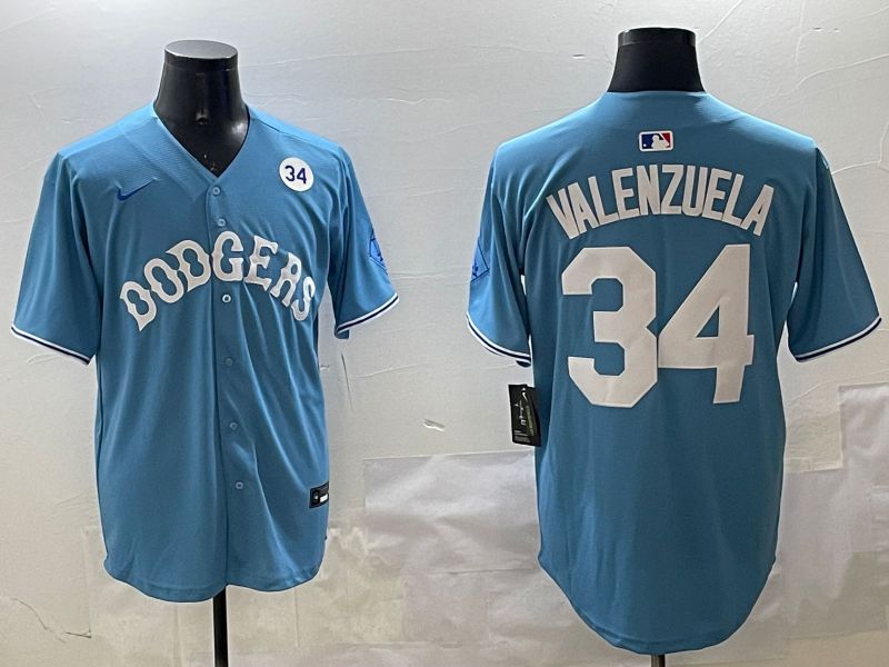 Men Los Angeles Dodgers 34 Valenzuela Light Blue Joint Name 2025 Nike MLB Jersey style 3166